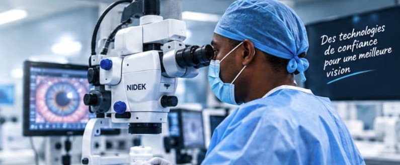 Chirurgien utilisant un microscope ophtalmologique Nidek